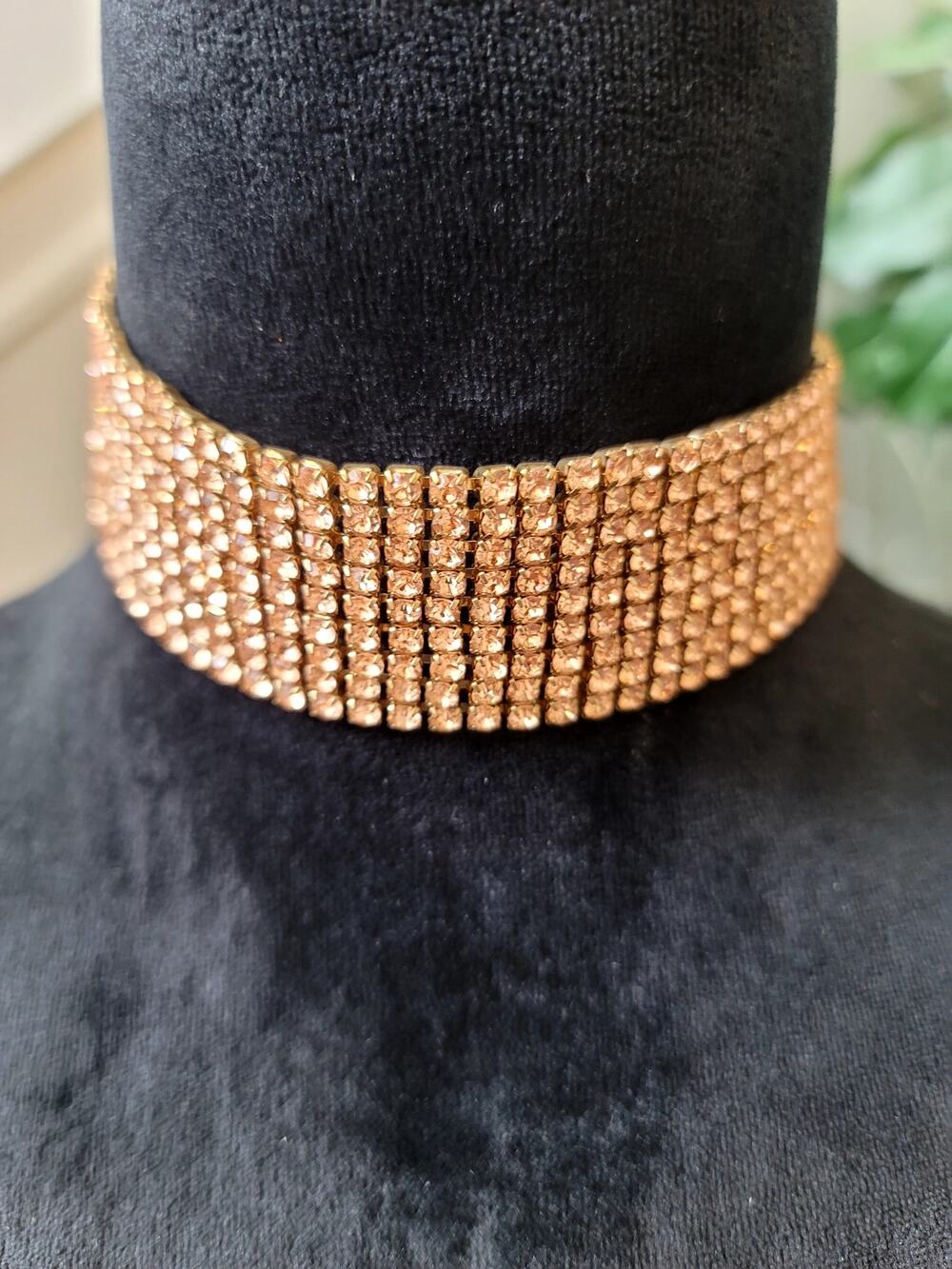 Wide Gold Tone Rhinestone Choker Necklace Sparkling Multi Row Statement Jewelry